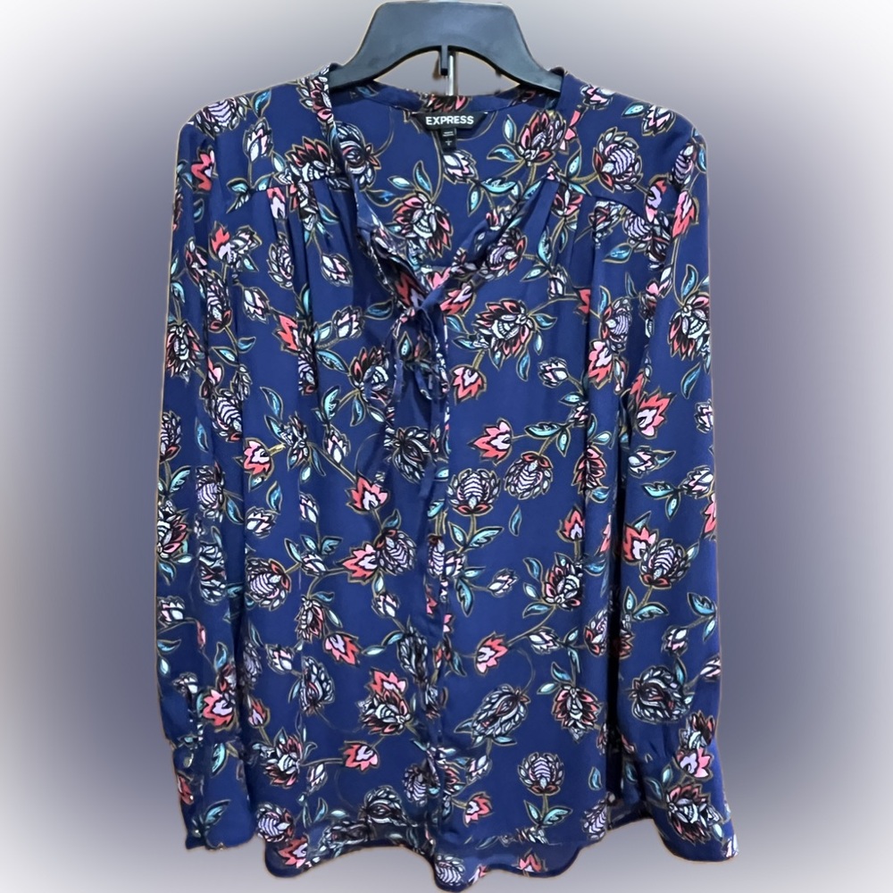 Express Navy Floral Tie-Neck Blouse - Pink, Teal, White
